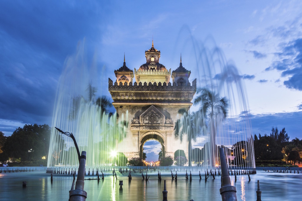 Patuxay monument is dedicated to the deads during the Independance war from France, shot during the blue hour in Vientiane, the capital city of Laos.