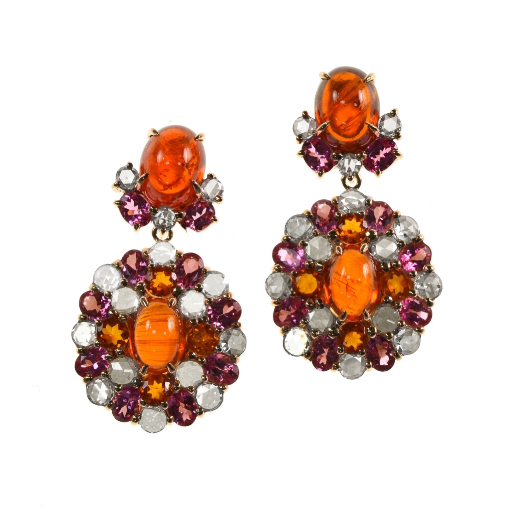 Earrings of mandarin garnet, pink spinels and rose cut diamond earrings in 18 karat yellow gold.