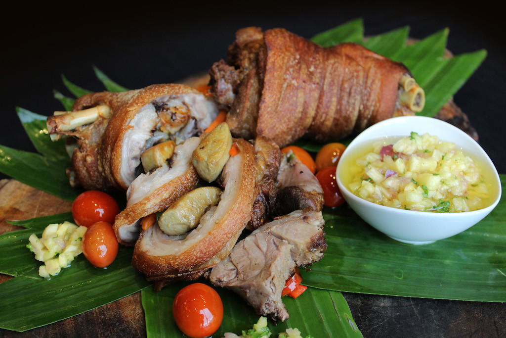 MNL Main dish - Boneless Crispy Pata Stuffed with Foie Gras and Topped with Pineapple Salsa