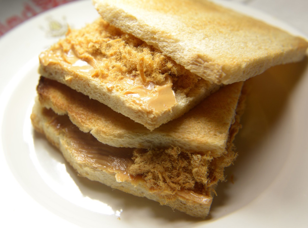 Stall 12 - All comfort and funky- Peanut butter and pork floss sandwich at the refreshment and snack station. Can you imagine the taste and texture.