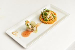 Mango salad with crab meat and prawn spring roll