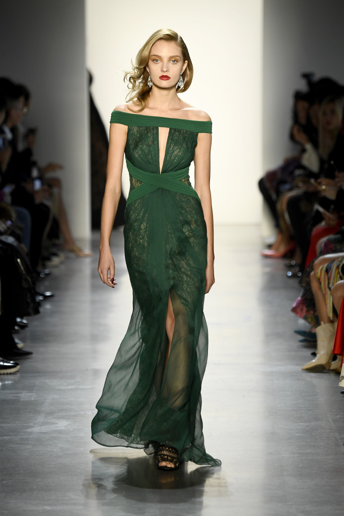 Forest/Nude draped chiffon and lace off-the-shoulder gown with front slit and cutout detail