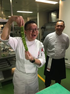 Ta-dah! Chef Jeremy, with Chef Khor in the background, shows us his cut Japanese cucumber.