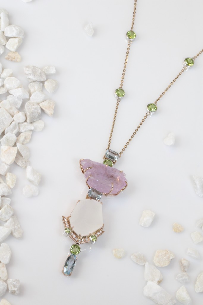 Kiersten Necklace: 14K rose gold with white gold necklace with 6.1g kunzite crystal, 20.31 carats smokey white quartz, 2.74 carats aquamarine, 1.32 carats peridot and 0.21 carat diamonds stranded on 18K rose gold chain with 6.43 carats peridot