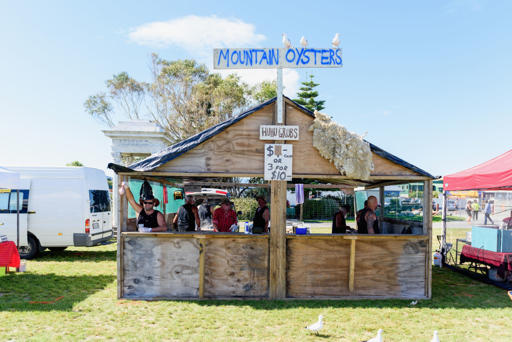 General view of the Montain Oysters stall during the Hokitika Wildfoods Festival on March 10, 2018 in Hokitika, New Zealand.  (Photo by Kai Schwoerer/Getty Images )